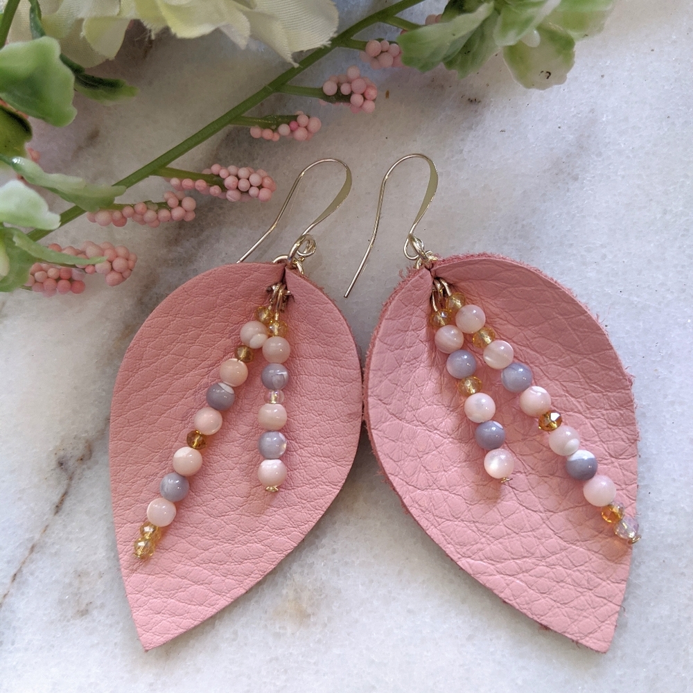 Handmade pink leather teardrop earrings with  MOP